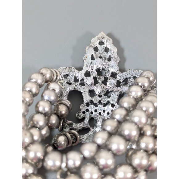 Silver Tone Fleur De Lis Rhinestone Five Row Bead Statement Bracelet 7" - Picture 5 of 7